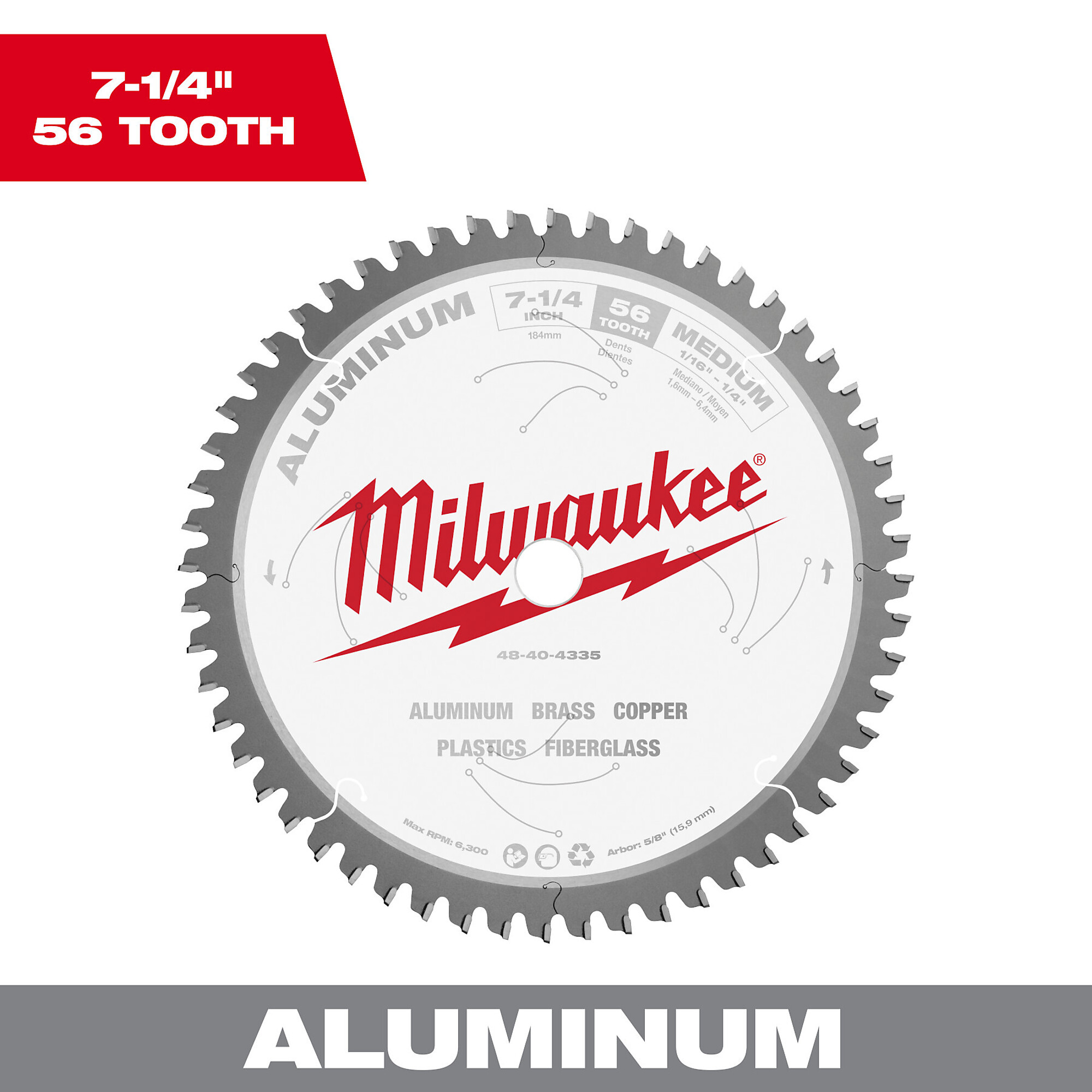 Milwaukee 7 1/4in. Aluminum Cutting Circular Saw Blade, 56T, Metal Cutting, Model# 48-40-4335